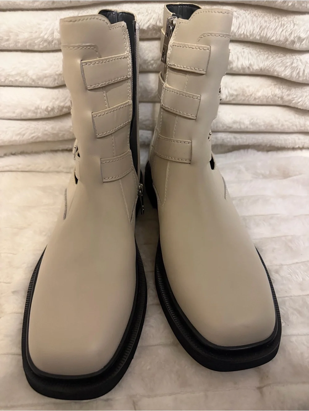 Franco Sarto Ivory Buckle Cutout Ankle Boots